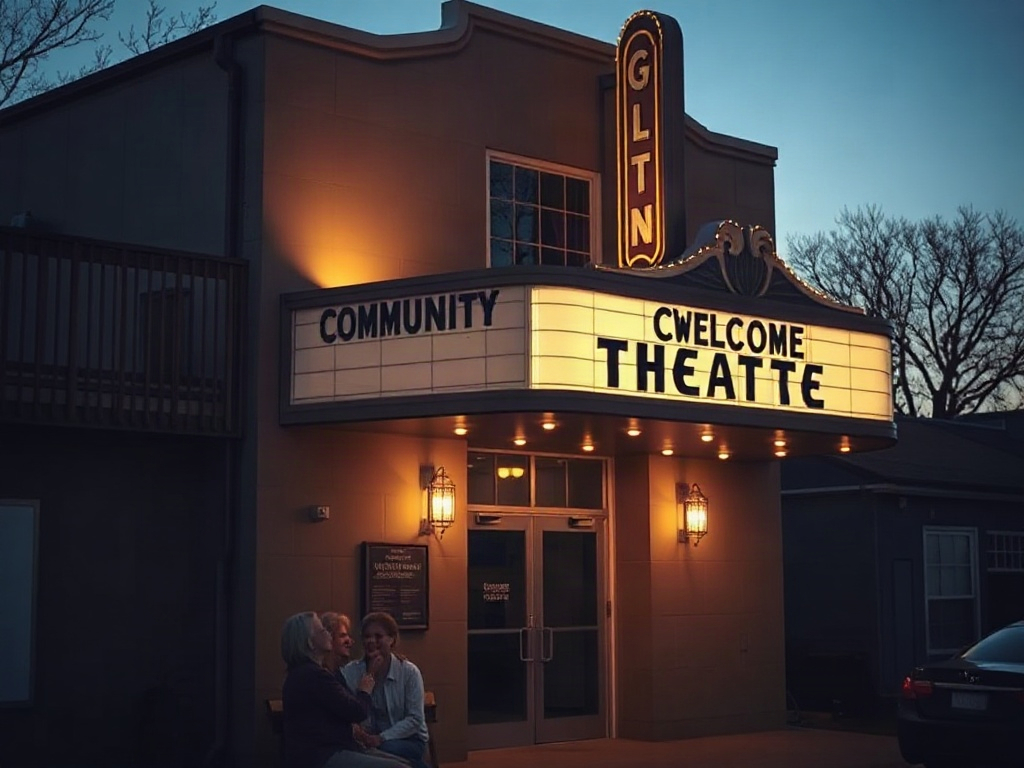 The theatre marquee at dusk (AI-generated illustration, demo only)