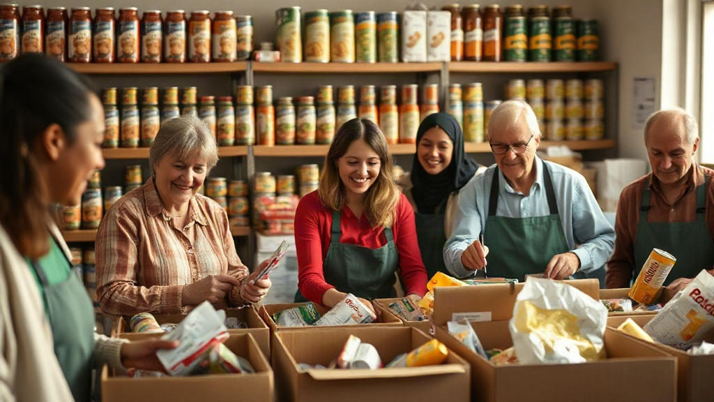 Volunteers sorting food at the sample food bank site (AI-generated illustration)