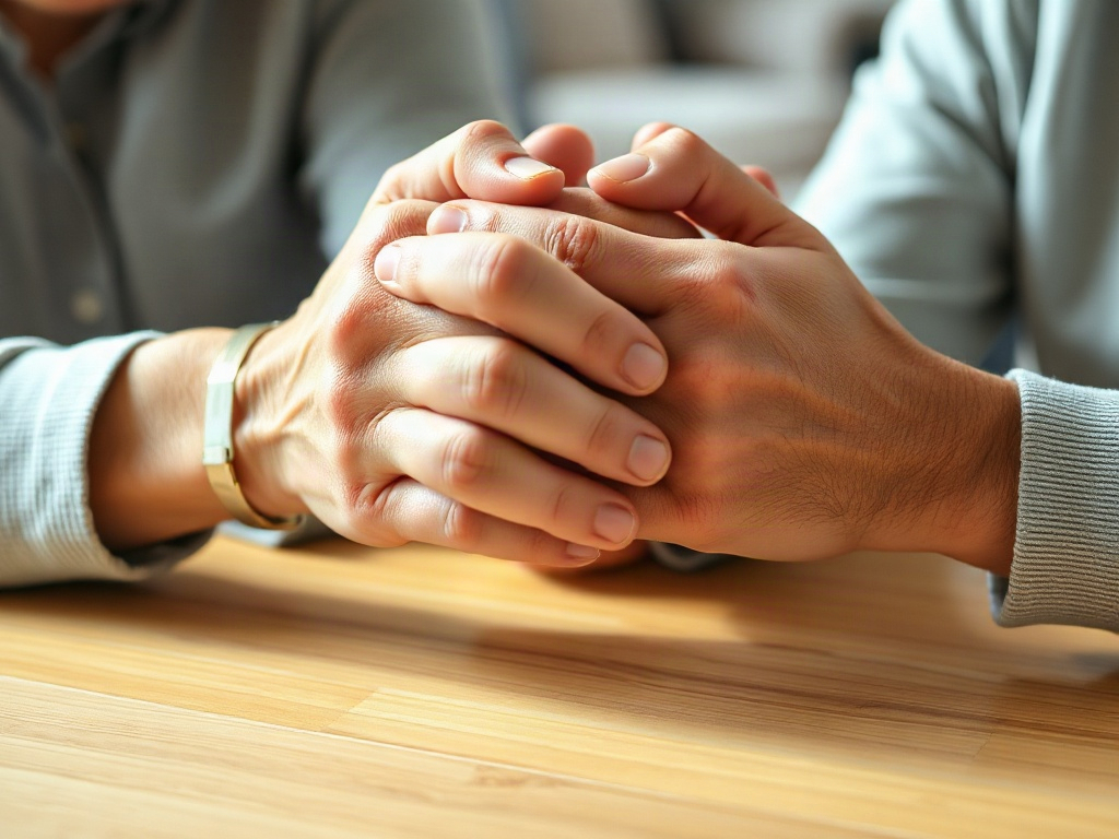 Two pairs of hands clasped in support (AI-generated illustration)