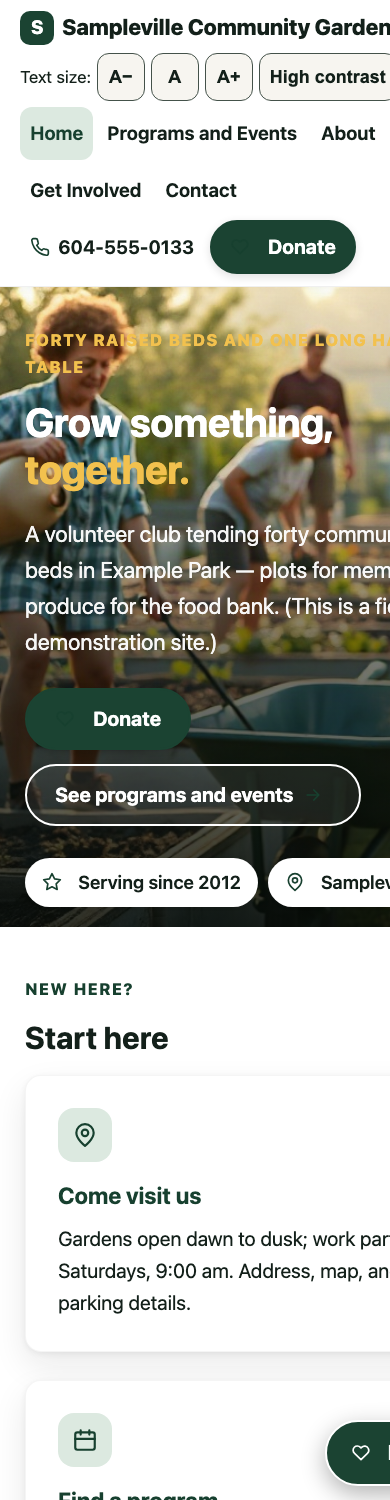 Mobile view of the Simple template in the Garden palette