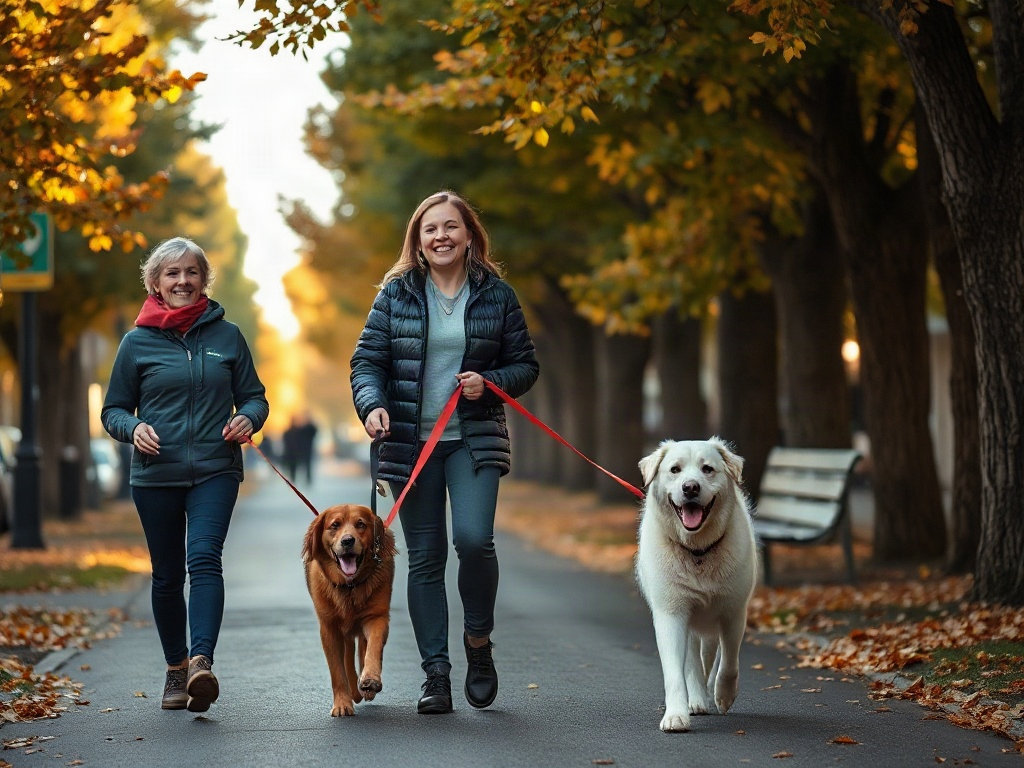 Volunteers walking shelter dogs (AI-generated illustration, demo only)