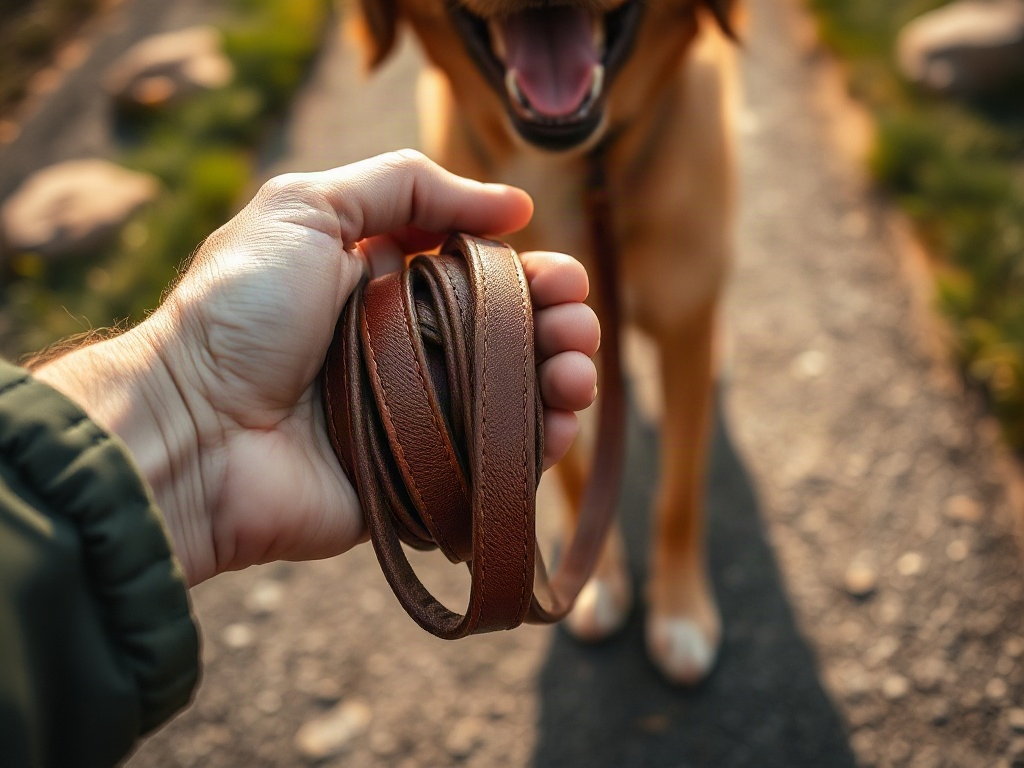 A leash in hand on a walk (AI-generated illustration, demo only)