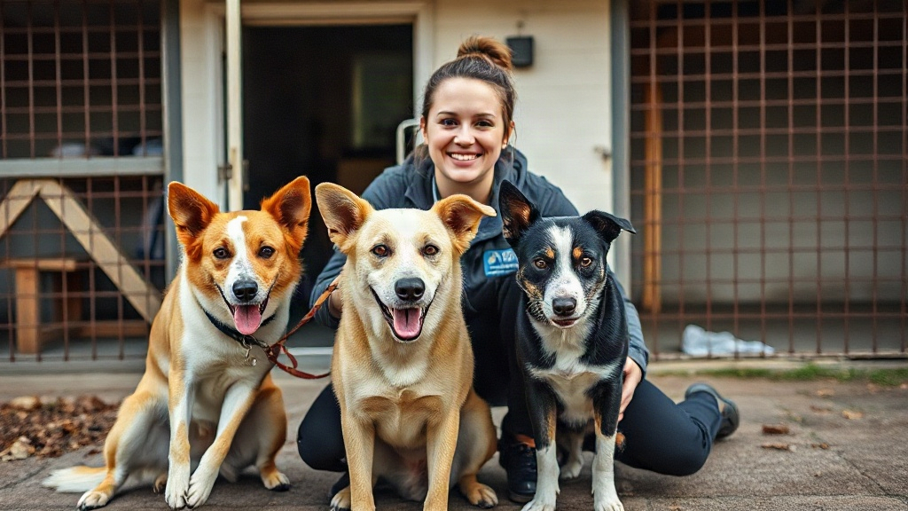 A volunteer with rescue dogs on the sample animal rescue site (AI-generated illustration)
