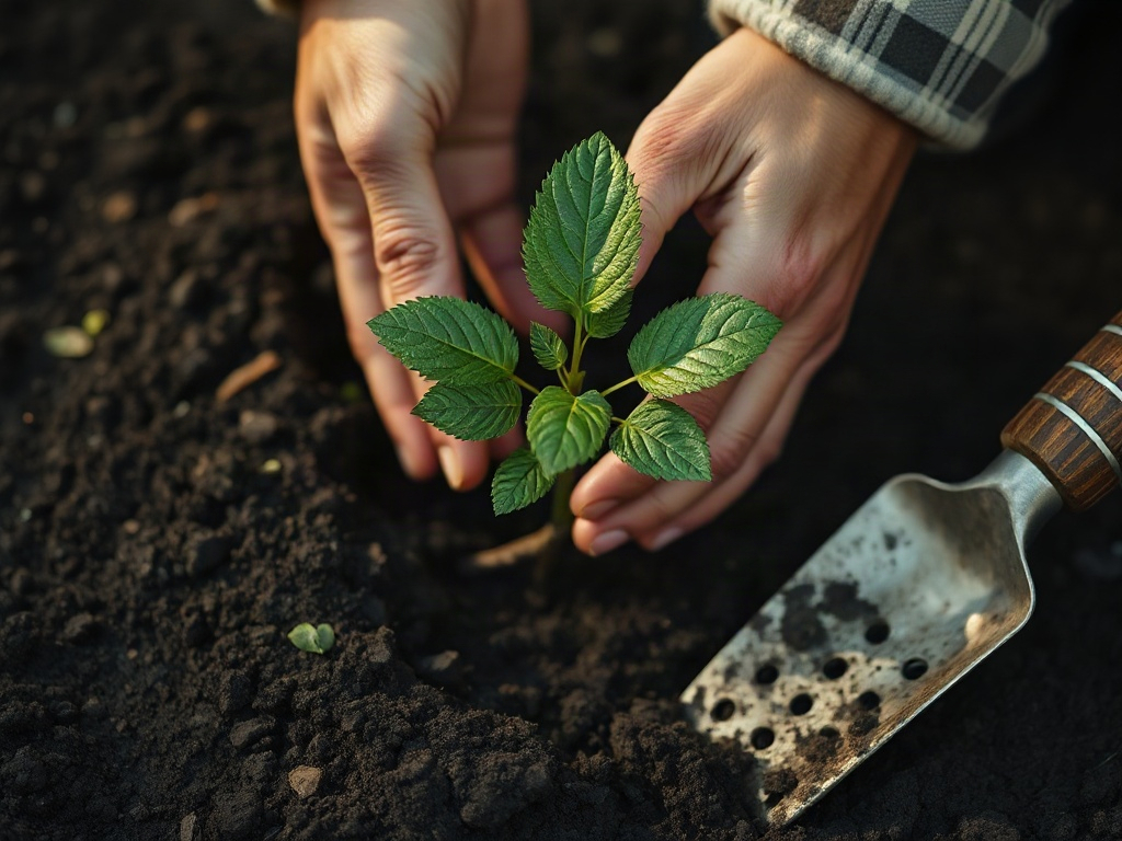 Hands planting a seedling (AI-generated illustration, demo only)